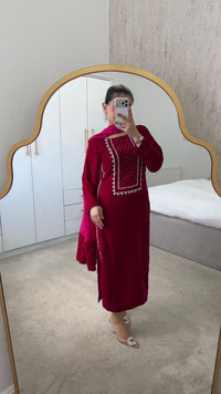 Deep Maroon Pearl-Embellished Velvet Suit | 3-Piece Luxury Festive Set