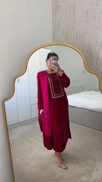 Deep Maroon Pearl-Embellished Velvet Suit | 3-Piece Luxury Festive Set