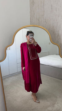 Deep Maroon Pearl-Embellished Velvet Suit | 3-Piece Luxury Festive Set