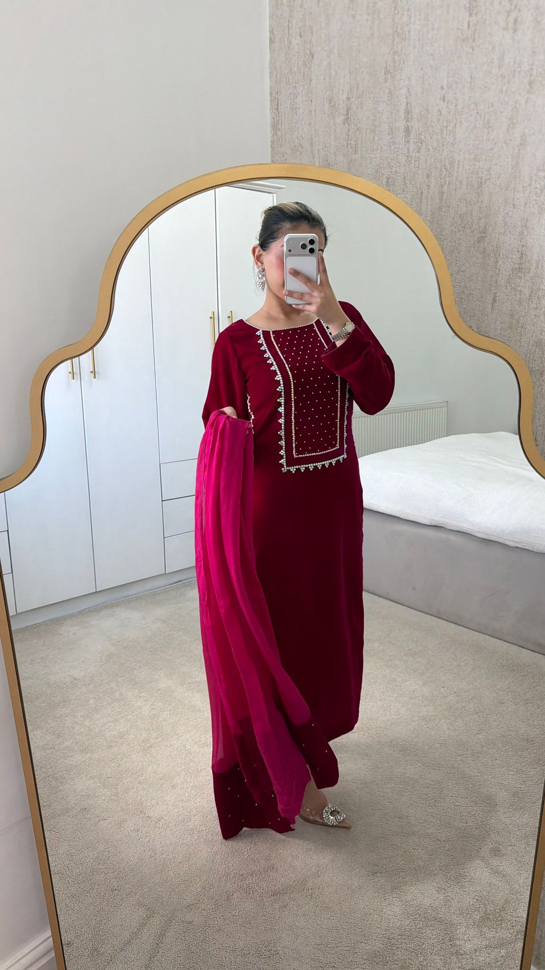 Deep Maroon Pearl-Embellished Velvet Suit | 3-Piece Luxury Festive Set