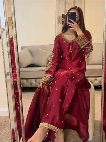 Crimson Crush Red Silk Embroidered 3-Piece Suit Set