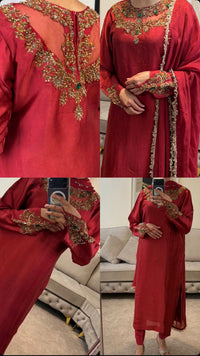 Rukhsaar Deep Red Silk Embroidered Suit