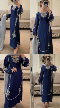 Mahnoor Navy Blue Silk Suit with Silver Embroidery