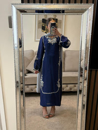 Mahnoor Navy Blue Silk Suit with Silver Embroidery