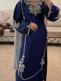 Mahnoor Navy Blue Silk Suit with Silver Embroidery
