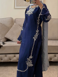 Mahnoor Navy Blue Silk Suit with Silver Embroidery