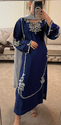 Mahnoor Navy Blue Silk Suit with Silver Embroidery