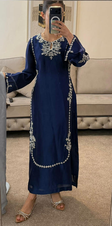 Mahnoor Navy Blue Silk Suit with Silver Embroidery