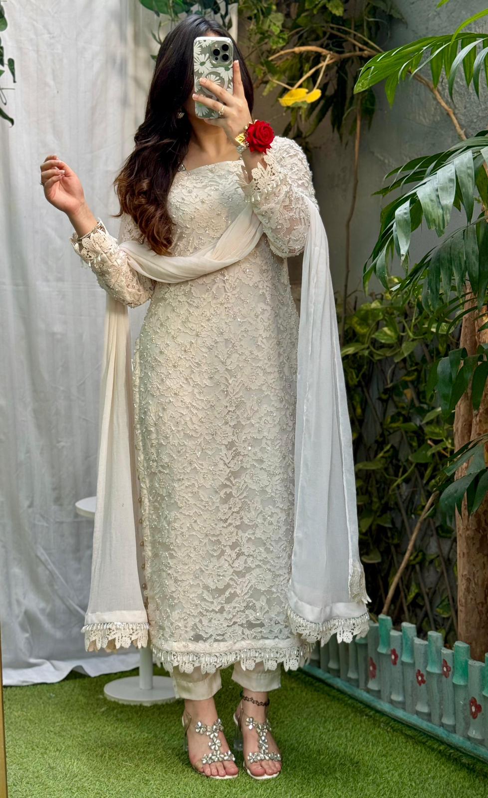 Ivory Grace Heavy Pearl-Detailed Net Lace 3-Piece Suit