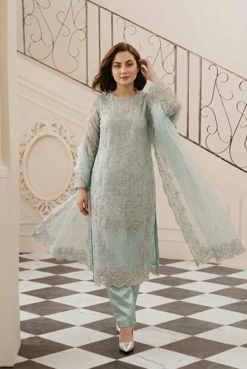 Zoya Mint Green Cut Dana Luxury Formal Ensemble