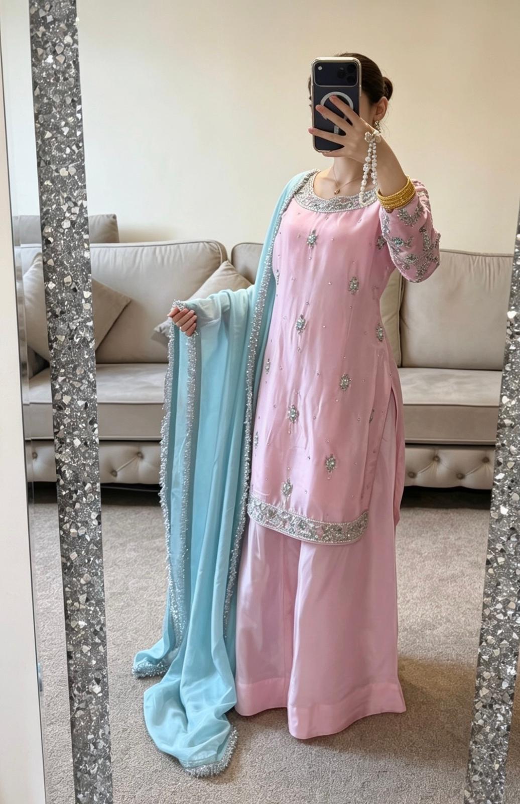 Blush & Breeze Short Silk Kameez with Flowy Plazo