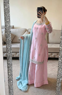 Blush & Breeze Short Silk Kameez with Flowy Plazo