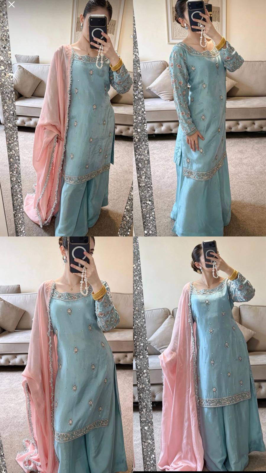 Blush & Breeze Short Silk Kameez with Flowy Plazo