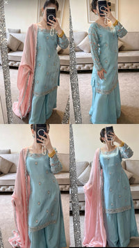 Blush & Breeze Short Silk Kameez with Flowy Plazo