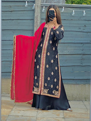 Noir Romance Heavy Gold Embroidered Black & Red Silk Suit