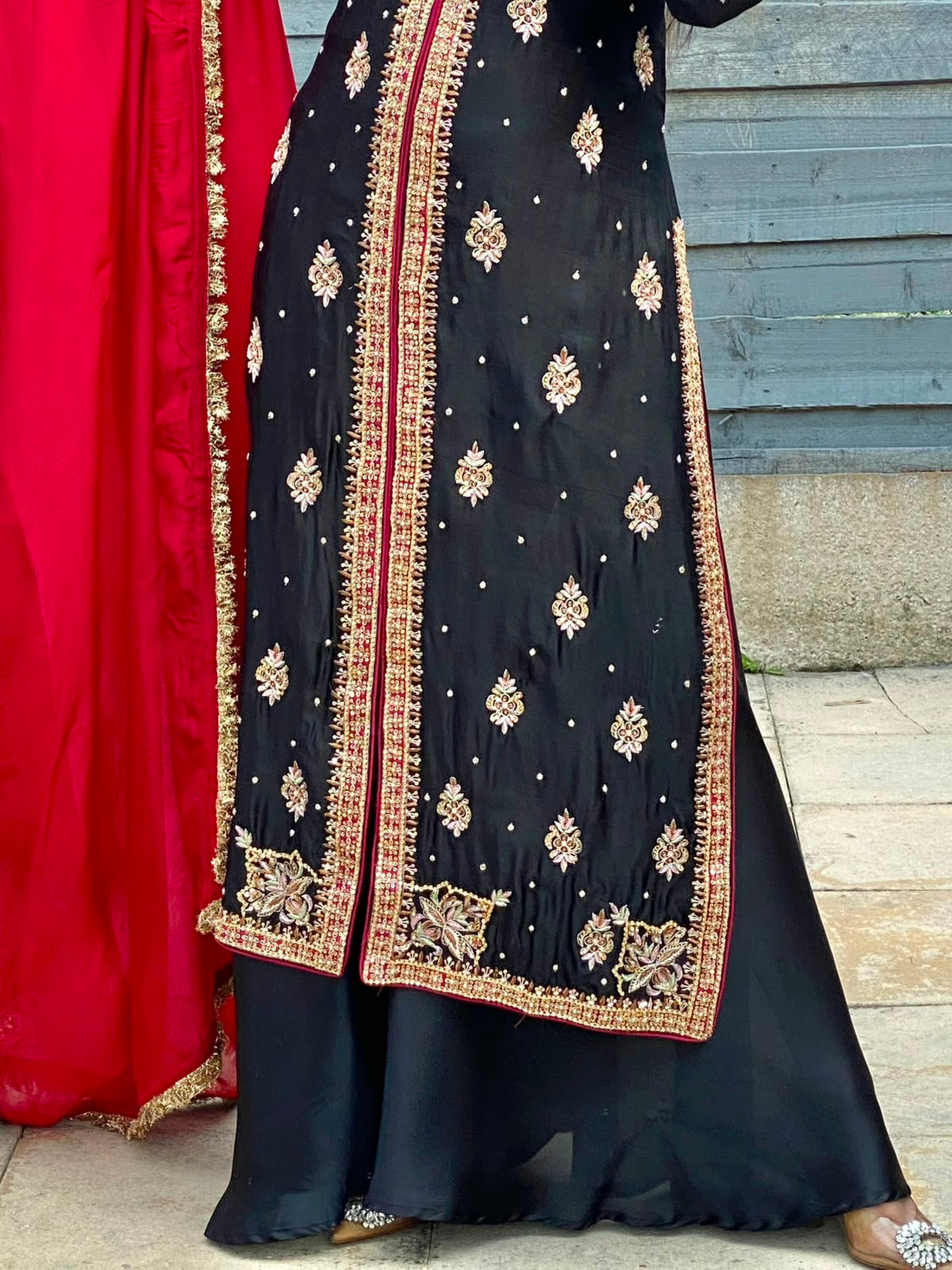 Noir Romance Heavy Gold Embroidered Black & Red Silk Suit