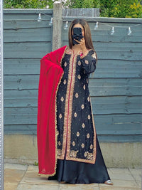 Noir Romance Heavy Gold Embroidered Black & Red Silk Suit