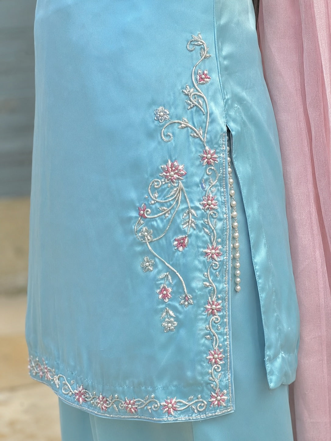 Pure Elegance in Pastel – Sky Blue &amp; Blush Pink Silk Set