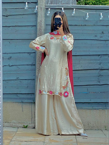 Nazaakat Custom Silk Sharara Set with Floral Border