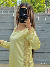 Lemon Sunshine Gold Embroidered Silk Kurti & Flowy Plazo Set