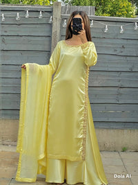 Lemon Sunshine Gold Embroidered Silk Kurti & Flowy Plazo Set