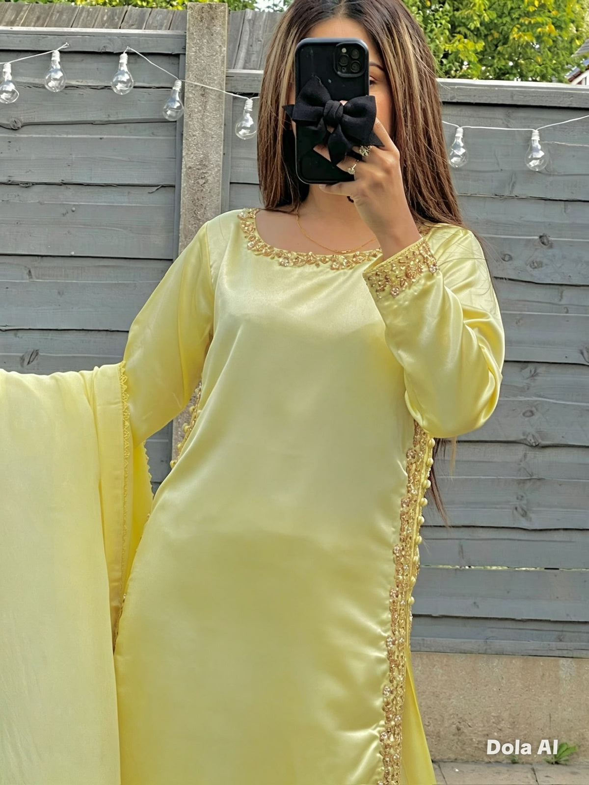 Lemon Sunshine Gold Embroidered Silk Kurti & Flowy Plazo Set