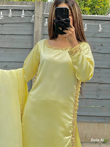 Lemon Sunshine Gold Embroidered Silk Kurti & Flowy Plazo Set