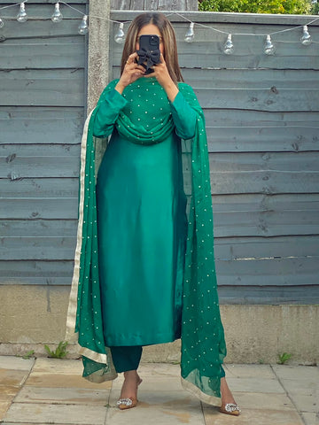 Jade Charm Pure Sheesha Silk Suit with Embroidered Dupatta