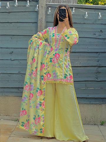 Gul-e-Bahar Printed Lawn/Silk Short Kurti & Plazo Ensemble