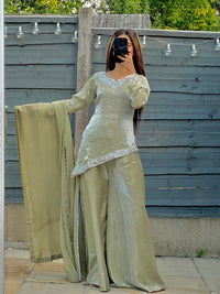 Sage Allure Asymmetric Silver Embroidered Silk Sharara Set