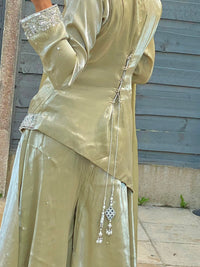 Sage Allure Asymmetric Silver Embroidered Silk Sharara Set