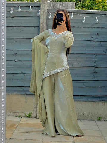 Sage Allure Asymmetric Silver Embroidered Silk Sharara Set