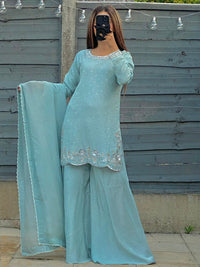 Noor-e-Yakh Ice Blue Silk Suit with Scalloped Floral Border