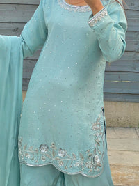 Noor-e-Yakh Ice Blue Silk Suit with Scalloped Floral Border