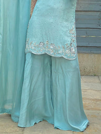 Noor-e-Yakh Ice Blue Silk Suit with Scalloped Floral Border