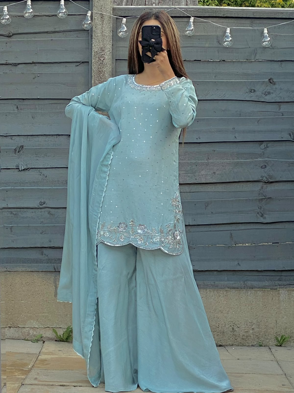 Noor-e-Yakh Ice Blue Silk Suit with Scalloped Floral Border