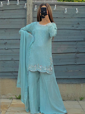 Noor-e-Yakh Ice Blue Silk Suit with Scalloped Floral Border