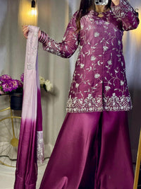 Plum Royale Silver Embroidered Silk Sharara Set