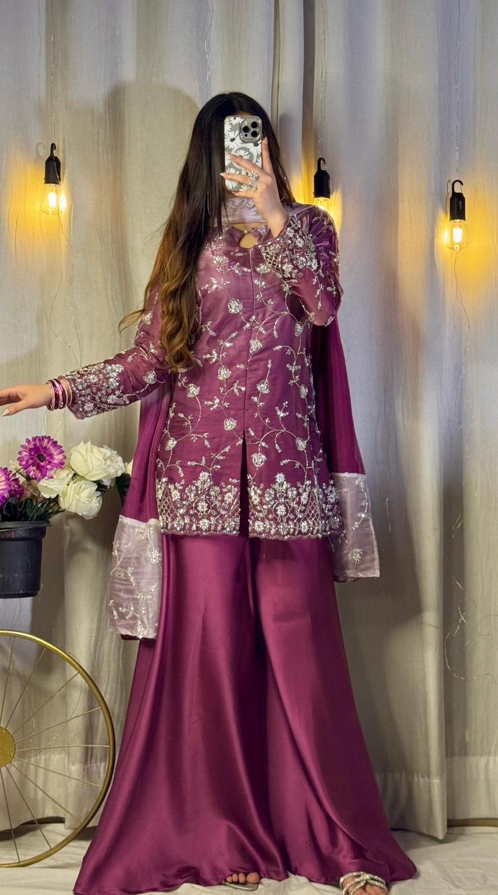 Plum Royale Silver Embroidered Silk Sharara Set