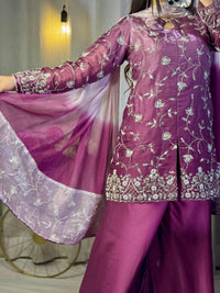 Plum Royale Silver Embroidered Silk Sharara Set