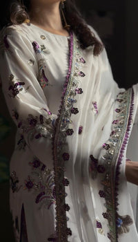Shisha Silk Embroidered 3-Piece Suit – Ivory & Purple