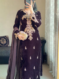 Luxury Brown Velvet Suit with Gold Zari Embroidery & Chiffon Dupatta