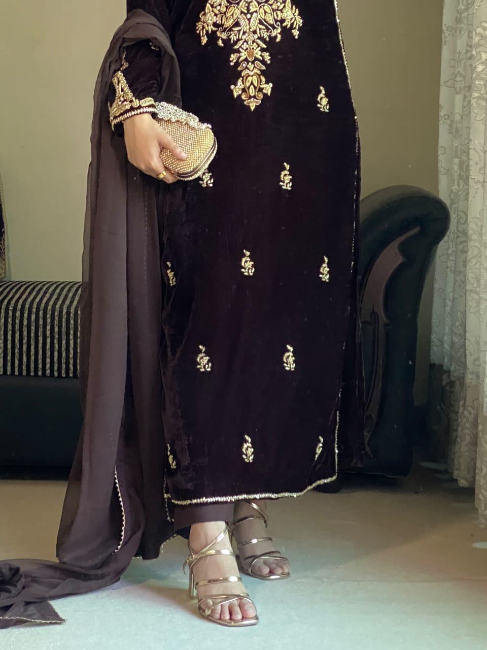 Luxury Brown Velvet Suit with Gold Zari Embroidery & Chiffon Dupatta