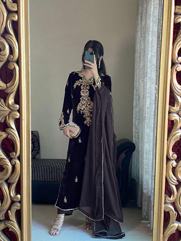 Luxury Brown Velvet Suit with Gold Zari Embroidery & Chiffon Dupatta
