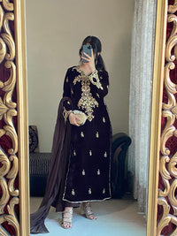 Luxury Brown Velvet Suit with Gold Zari Embroidery & Chiffon Dupatta