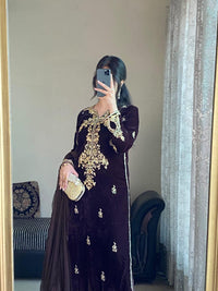 Luxury Brown Velvet Suit with Gold Zari Embroidery & Chiffon Dupatta