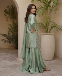 Olive Radiance Heavy Silver Embroidered Silk Sharara Suit