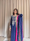 Royal Blue Silk 3-Piece Party Wear with Multi-Color Chunri Dupatta