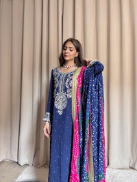 Royal Blue Silk 3-Piece Party Wear with Multi-Color Chunri Dupatta