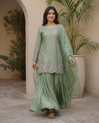 Olive Radiance Heavy Silver Embroidered Silk Sharara Suit